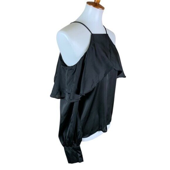 Haute Rogue Black Cold Shoulder Satin Ruffle Blouse Small Elegant Date Night NWT - Picture 3 of 7